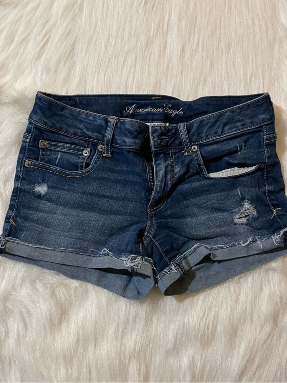 American Eagle Outfitters Navy Blue Distressed Denim Roll-Hem Shorts